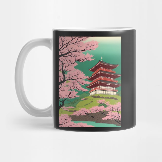 Ukiyo-e Japanese Art - Omuro Pagoda and Cherry Blossoms by allovervintage